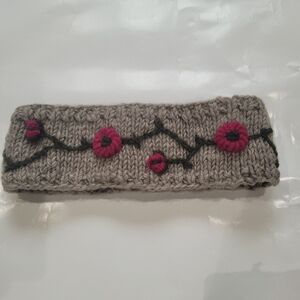 Taupe wool knitted headband pink embroidery Flowers Floral